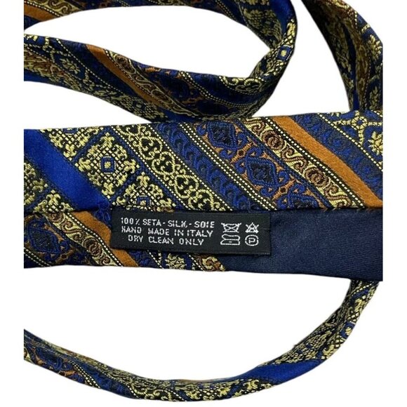 WERNER SCHERER Men's 100% Silk Necktie LUXURY XL Gold Blue Geometric W:4" EUC - Picture 4 of 5